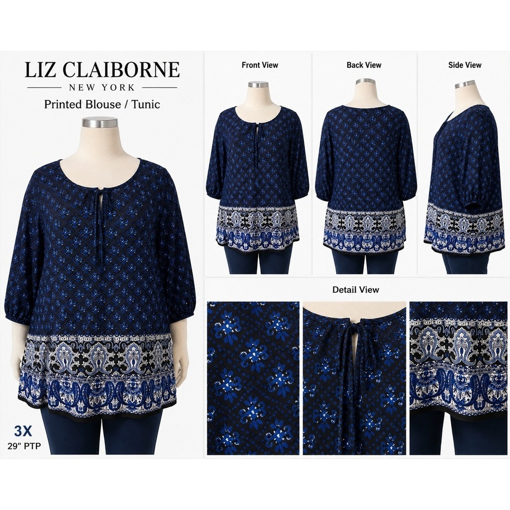 Liz Claiborne New York Navy Blue‎ Paisley Geometric Border Print Tunic Blouse 3X